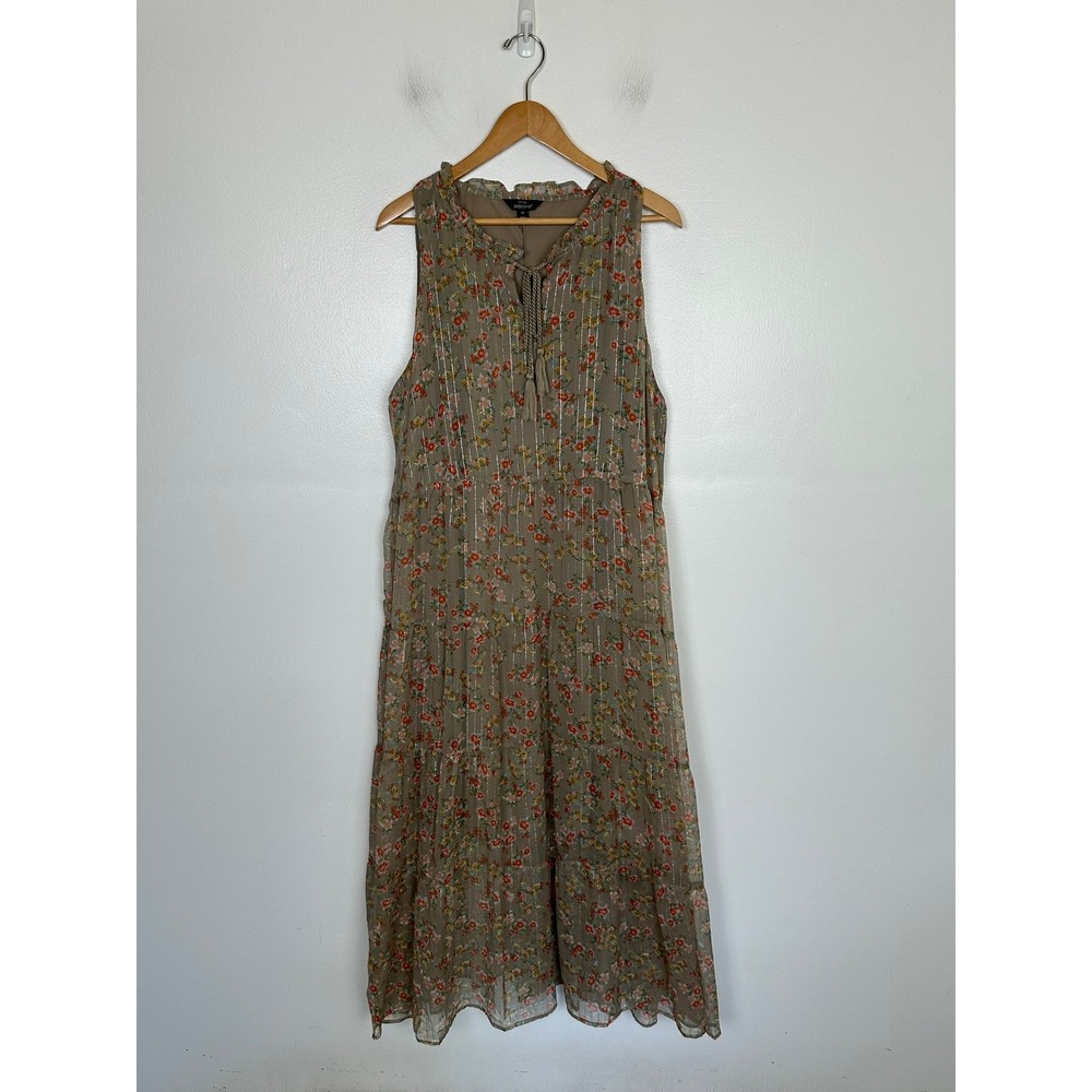 Mlle Gabrielle 3X Chiffon Tiered Maxi Dress Brown Floral Metallic Boho Tassel